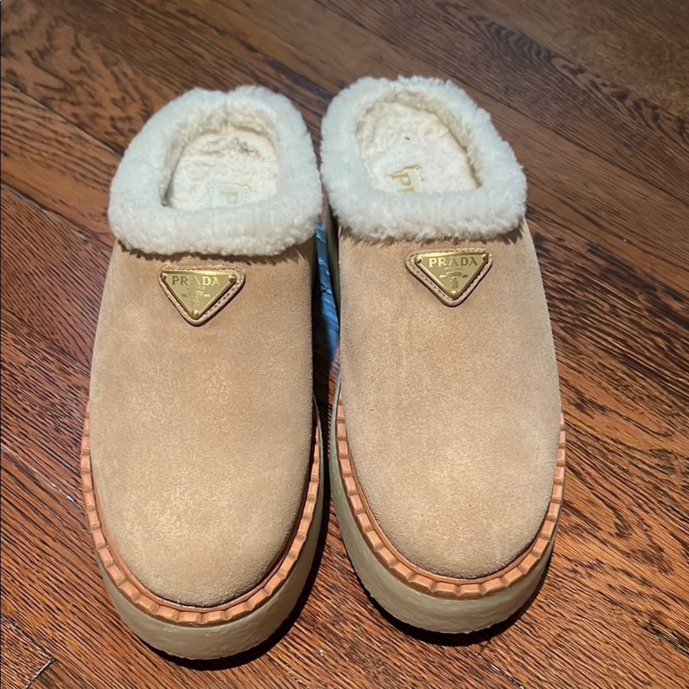 Prada Suede Shearling Clogs